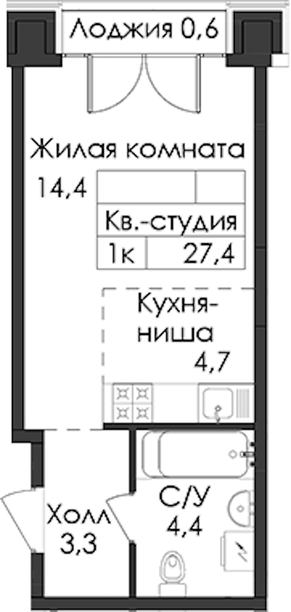 Квартира студия 27.4 м², 9/9 эт., ЖК «Лермонтовский 54»